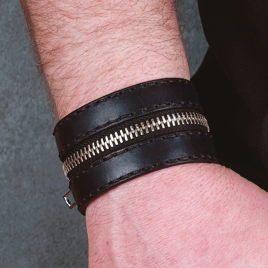 black zipper leather cuff 4cm handmade premium leather