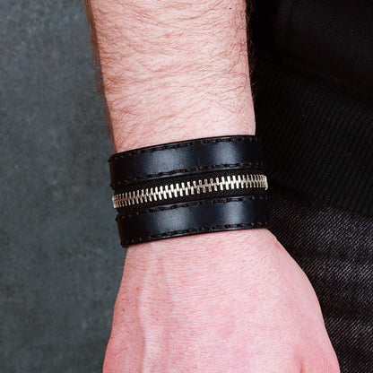 black zipper leather cuff 4cm handmade premium leather