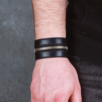 black zipper leather cuff 4cm handmade premium leather