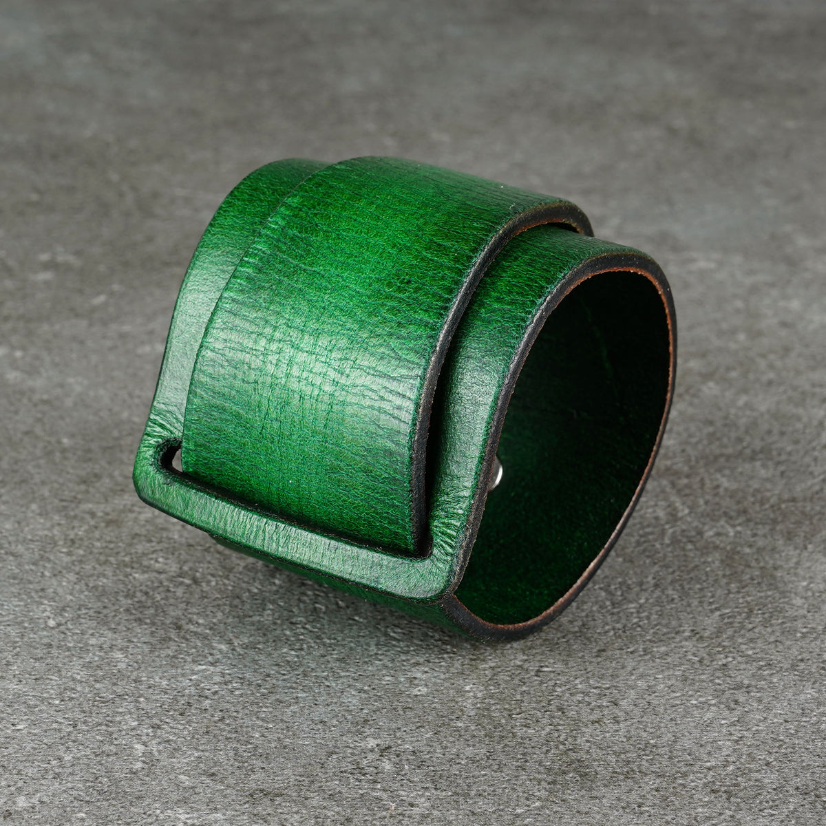 Close side view of the bracelet with the snap closure partly visible