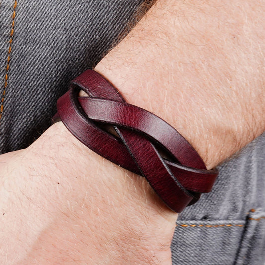 Bordo three-strap leather bracelet worn on a wrist from a close side view
