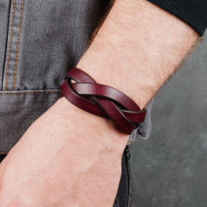 Worn bracelet shown at a wider angle beside denim